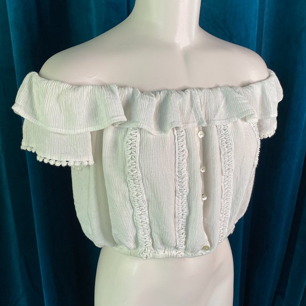 Altar'd State Cream Ruffle Button Crop Top - Picture 2 of 9